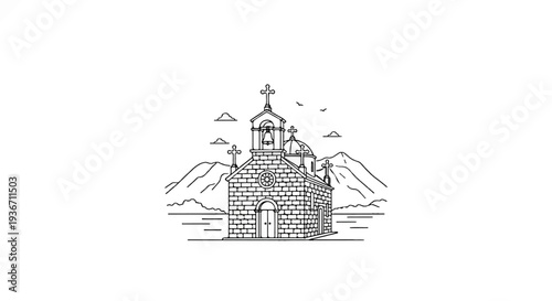 Hand-drawn illustration of a stone church with crosses and bell tower, set against mountains