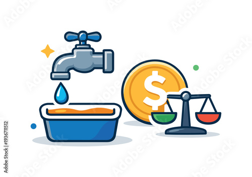 Water conservation and financial balance concept with faucet, coin, and scales