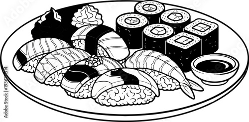 Assortment of sushi and maki rolls on a white plate with soy sauce