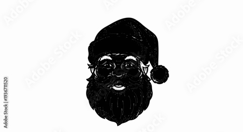 Black and white drawing of a smiling Santa Claus face with a large beard