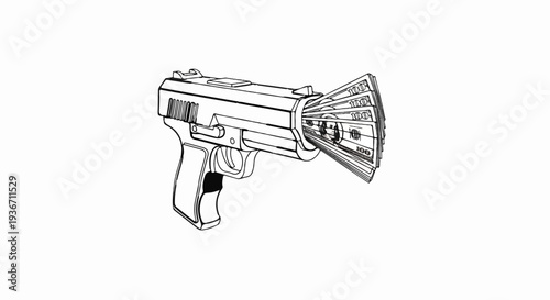 Handgun with bills protruding from barrel