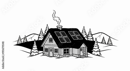 Black and white illustration of a log cabin with solar panels on the roof, surrounded by pine trees and hills