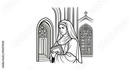 Illustration of a woman in a nun's habit holding a book inside a church