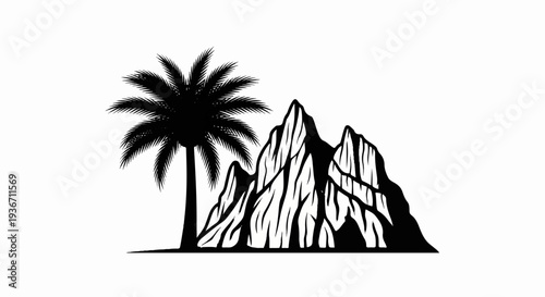 Black silhouette of a palm tree next to jagged mountains on white