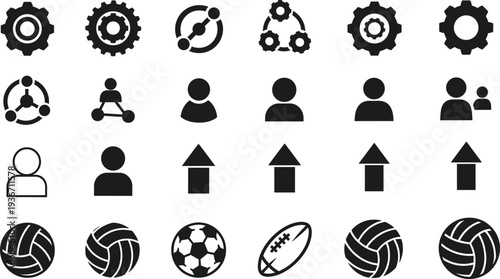 Business teamwork gear user arrow and sports ball icon set collaboration management direction symbols vector collection