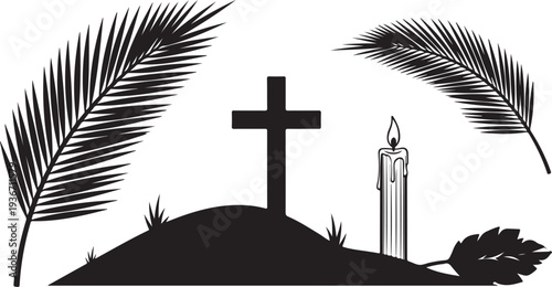 Easter Sunday Symbolism with Cross, Palm Leaves, and Candle