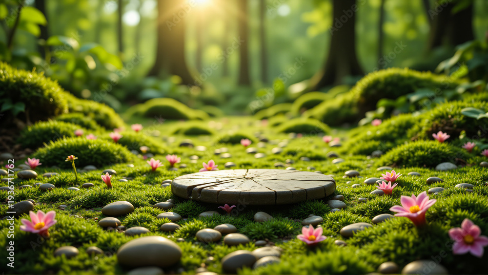 Obraz premium Tranquil Forest Floor with Floral Accents and Wood Slice