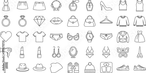 Fashion and accessories line icon set with dress, skirt, jewelry, handbag, shoes, clothing, cosmetics, and beauty items vector illustration collection