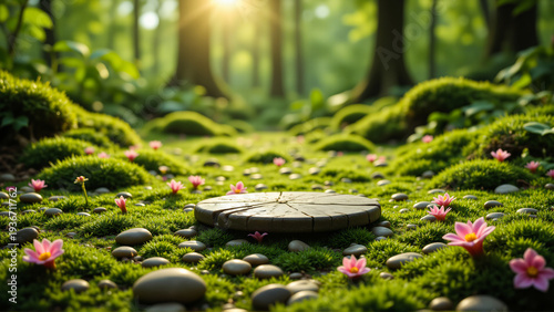 Wallpaper Mural Tranquil Forest Floor with Floral Accents and Wood Slice Torontodigital.ca
