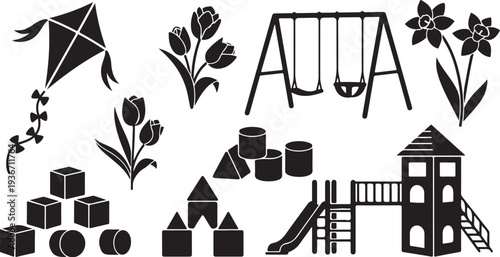 Playground and garden icons for kids and children activities