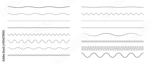 Horizontal dotted lines and waves set, Dotted or rectangular wavy and zigzag strokes, Lines of different shapes and thicknesses