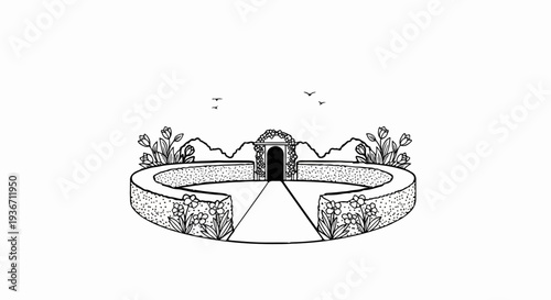 Ornate circular garden path leads to arched entryway framed by flowers