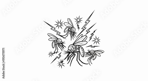 Four detailed line art mosquitoes buzz around stylized lightning bolts