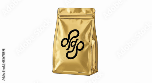 Golden foil resealable bag with a black stylized logo on white background