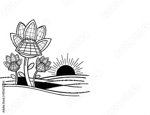 Solar powered flowers bloom at sunrise over a field