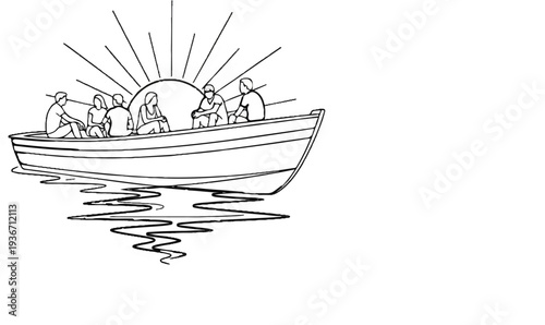 People in a rowboat at sunrise