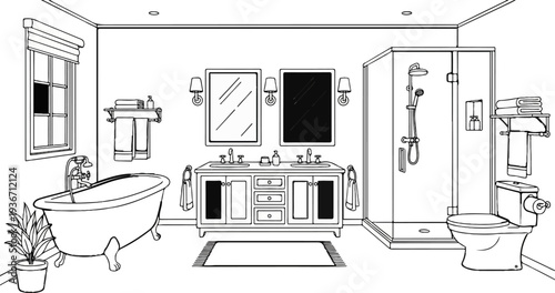 Line art illustration of a modern bathroom with bathtub, shower, and double vanity