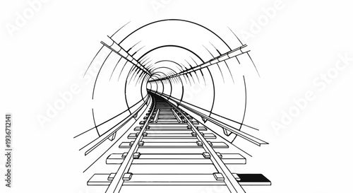 Perspective view of empty train tracks leading into a dark circular tunnel