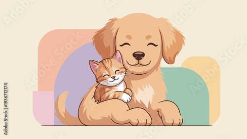 Friendly dog and cat cuddle together in pastel colors animal friendship concept