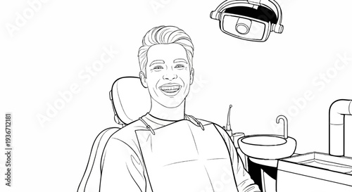 Smiling patient in dental chair with tools and sink