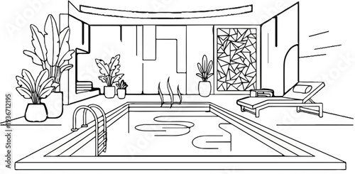 Modern indoor swimming pool area with tropical plants and lounge chair