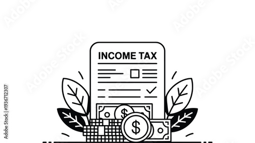 Tax document icon with money and leaves for financial planning