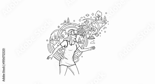 Person wearing VR headset interacts with floating islands, trees, and abstract shapes