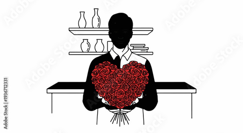 Person holding heart-shaped bouquet of red roses with shelves and vases in background
