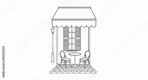 Outdoor seating area with a lamp post and a window