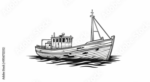 Sketch of an old wooden fishing boat on the water