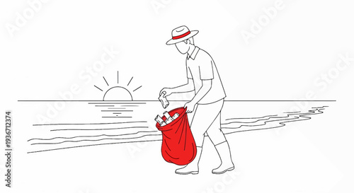 Person collecting trash on beach at sunrise