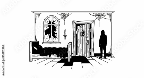 Spooky room with broken window, cobwebs, spooky door, and shadowy figure