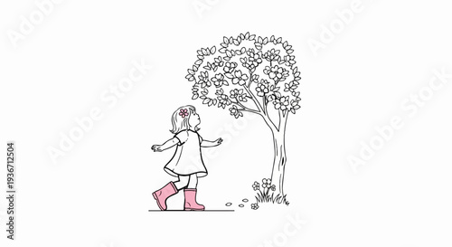 Young girl in pink boots admires blooming tree