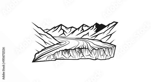 Stylized black and white drawing of a winding glacial river flowing through mountains
