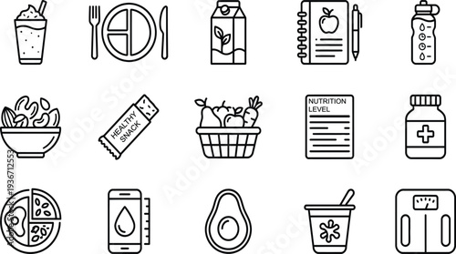 Set of 15 line icons illustrating nutrition, healthy eating, and dietary tracking concepts