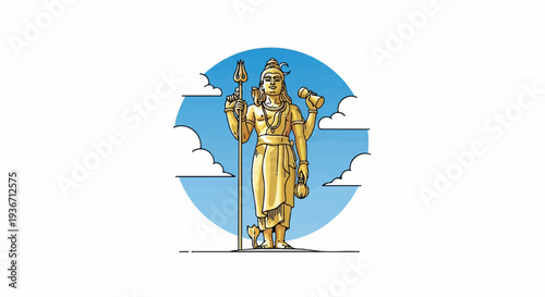 Stylized golden statue of a multi-armed deity holding trident and urns against blue sky
