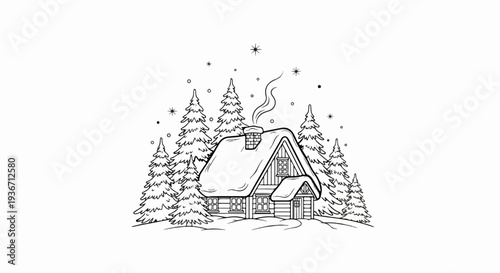 Cozy winter cabin nestled among snow-covered pine trees