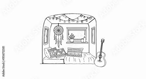 Cozy camper interior with guitar, dreamcatcher, string lights