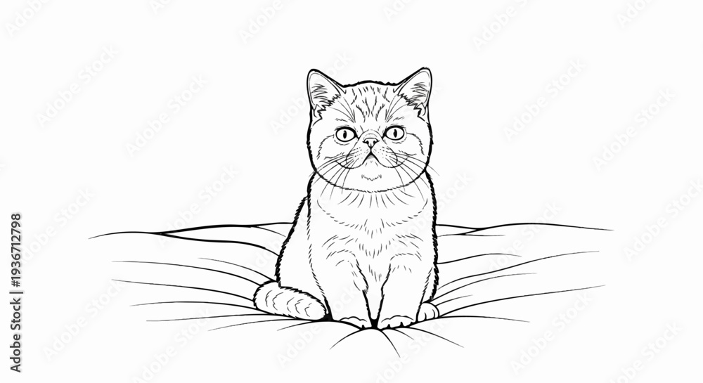 Obraz premium A line drawing of an exotic shorthair cat sitting on a soft surface, looking forward