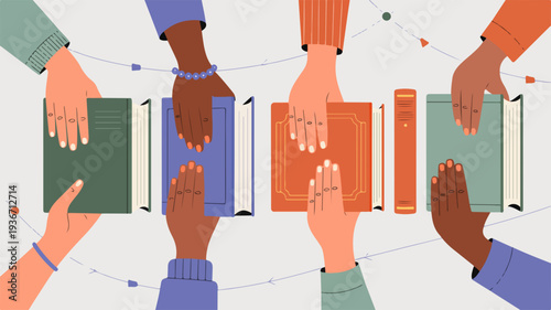 Diverse hands holding books together in a circle symbolizing sharing knowledge and unity in education