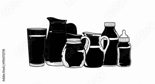 Assortment of glass containers holding dark liquid, including pitchers and a baby bottle