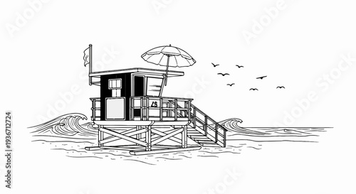 Beach lifeguard tower stands on sand with waves and birds flying