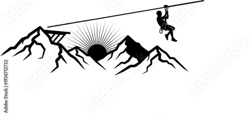 Adventurous person ziplining over jagged mountains with sunburst