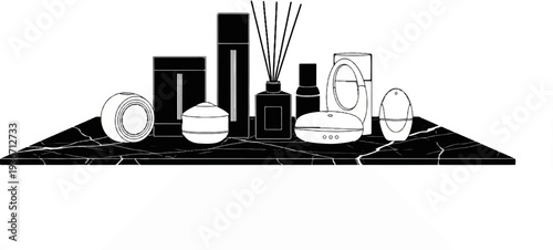 Assortment of decorative bottles and objects on a marbled surface