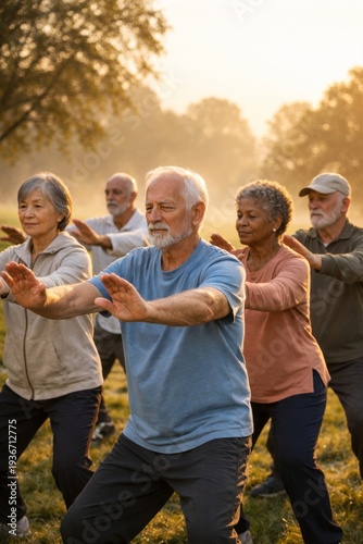 Group of senior adults practicing tai chi together outdoors in morning park for wellness