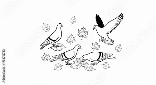 A whimsical illustration of three pigeons on the ground and one in flight amongst autumn leaves