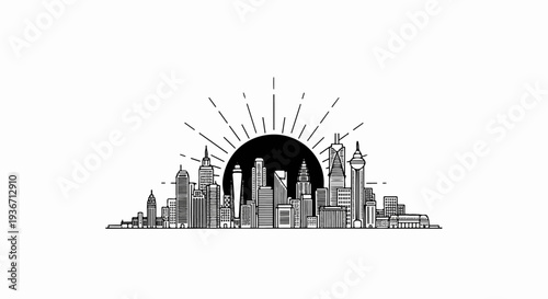 A black and white line drawing of a city skyline at sunrise
