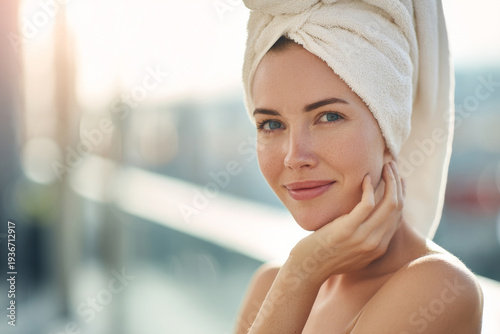 happy woman leaving spa after gold facial treatment with glowing radiant skin, modern urban background, bright daylight, commercial lifestyle concept