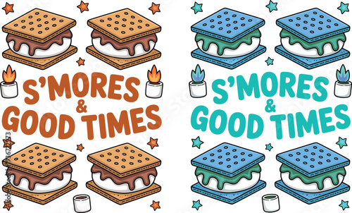 S'mores and Good Times Camping Illustration Set with Double Decker Marshmallow Sandwiches in Classic Brown and Teal Retro Colors