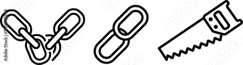 Chain link and hand saw outline icon set connection hardware tool vector symbols collection pack